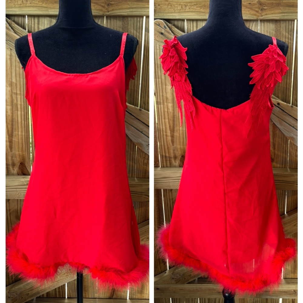 Modern Hero Red Satin Chemise Slip Dress Halloween Costume with Maribou Hem M